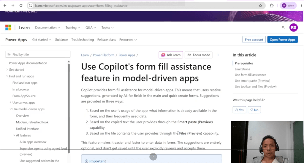 Power Apps Copilot form-filling assistance demo interface.